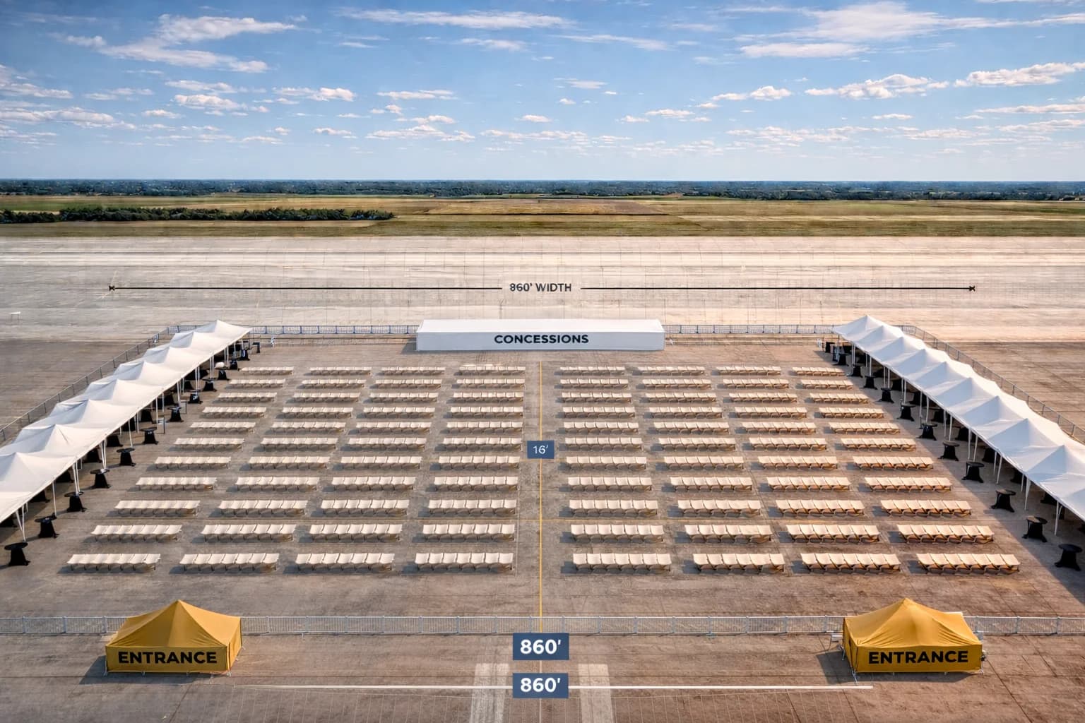 Hard Deck seating layout — 860-foot-wide premium section with flanking shaded tents, concessions stand, and two VIP entrances